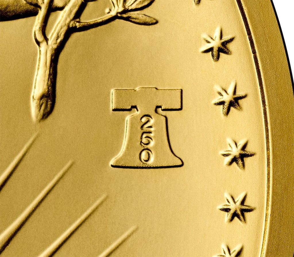 Close-up of the Liberty Bell 250 privy mark on the 2026 Saint-Gaudens gold coin